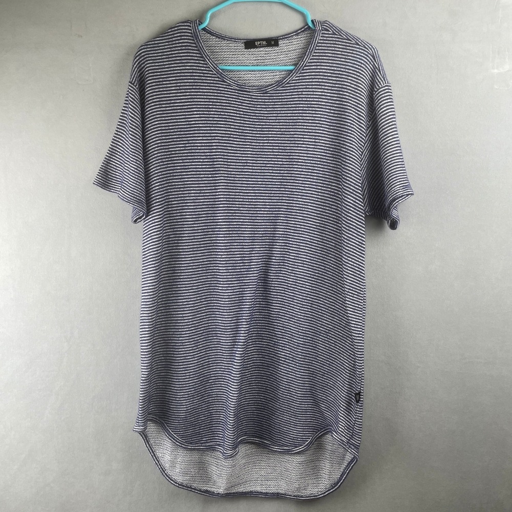 EPTM Striped Crew Neck Short Sleeve T Shirt Mens Sz M Navy Curve Hem Made in USA